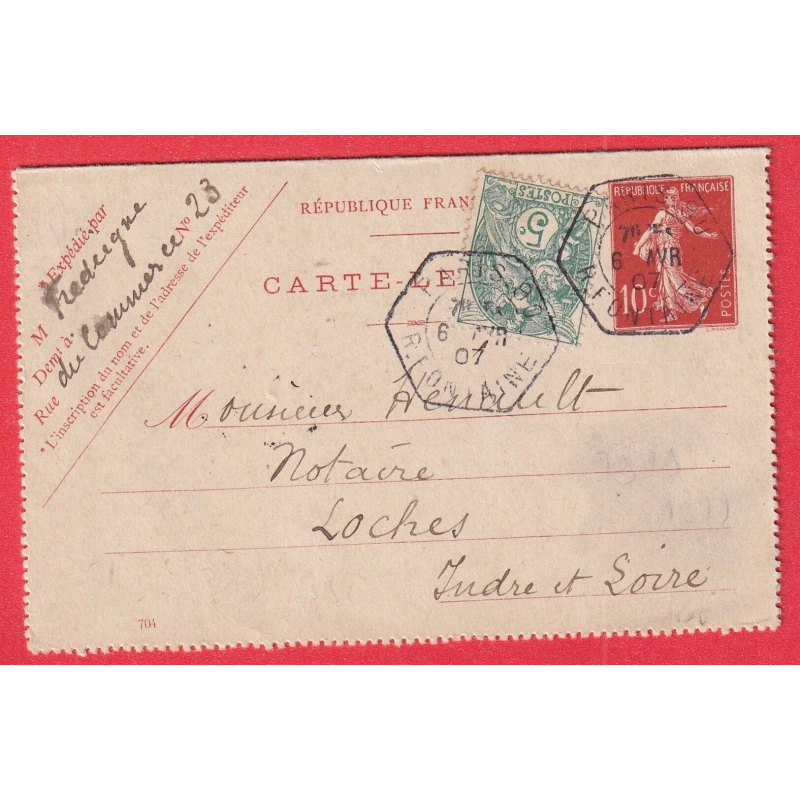 ENTIER CARTE LETTRE 10C SEMEUSE + N°111 PARIS R FONTAINE LEVEE EXCEPTIONNELLE LOCHES INDRE ET LOIRE