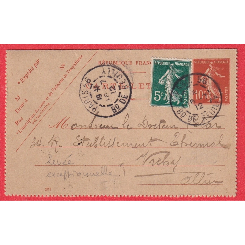 ENTIER CARTE LETTRE 10C SEMEUSE PARIS 56 BD DE REUILLY LEVEE EXCEPTIONNELLE BUREAU RARE POUR VICHY ALLIER