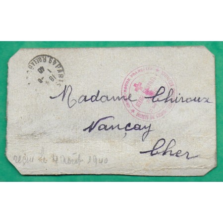 FRANCHISE MILITAIRE FM CARTE DE FORTUNE CROIX ROUGE FRANCAISE SECOURS AUX BLESSES MILITAIRES PARIS POUR NANCAY CHER 1940