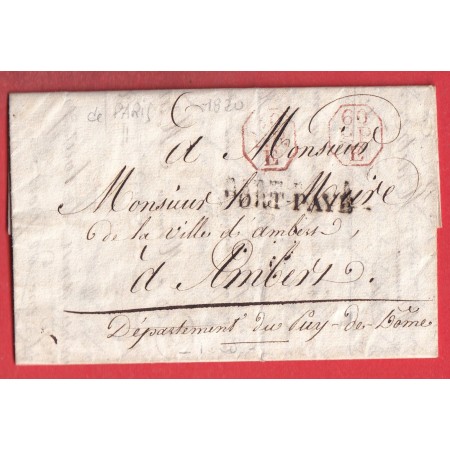 MARQUE PORT PAYE PARIS + 60 PP E EN ROUGE 1820 AMBERT PUY DE DOME