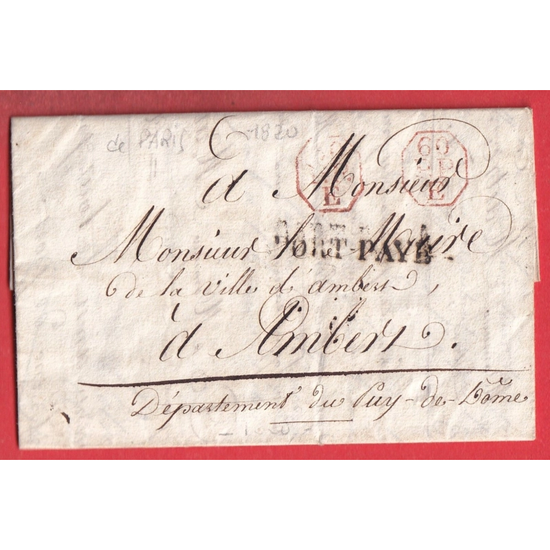 MARQUE PORT PAYE PARIS + 60 PP E EN ROUGE 1820 AMBERT PUY DE DOME