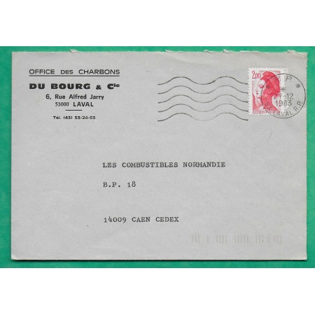 N°2274 LIBERTE DE GANDON ERREUR OBLITERATION PP LAVAL MAYENNE OFFICE DES CHARBONS POUR CAEN CALVADOS 1983 COVER FRANCE