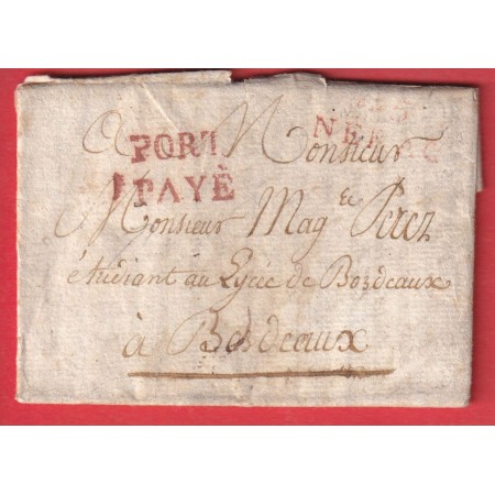 MARQUE PORT PAYE EN ROUGE + 45 NERAC 1808 POUR BORDEAUX GIRONDE INDICE 18