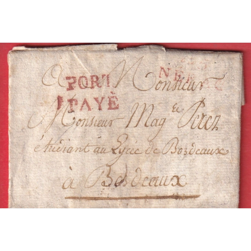 MARQUE PORT PAYE EN ROUGE + 45 NERAC 1808 POUR BORDEAUX GIRONDE INDICE 18