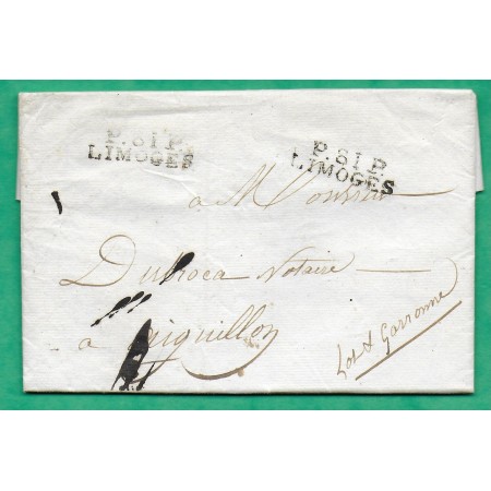 MARQUE P81P LIMOGES HAUTE VIENNE POUR AIGUILLON LOT ET GARONNE 29x9 1825 LETTRE COVER FRANCE