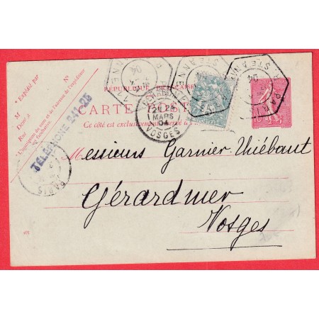 ENTIER SEMEUSE 10C ROUGE LIGNEE + N°111 PARIS LEVEE EXCEPTIONNELLE R ST ANNE 1904 GERARDMER VOSGES