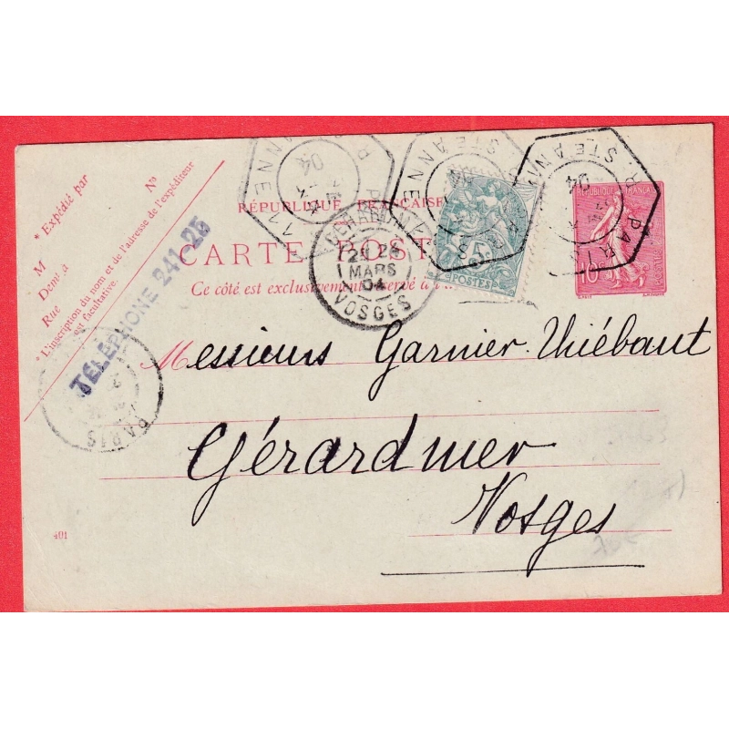 ENTIER SEMEUSE 10C ROUGE LIGNEE + N°111 PARIS LEVEE EXCEPTIONNELLE R ST ANNE 1904 GERARDMER VOSGES