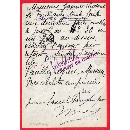 ENTIER SEMEUSE 10C ROUGE LIGNEE + N°111 PARIS LEVEE EXCEPTIONNELLE R ST ANNE 1904 GERARDMER VOSGES