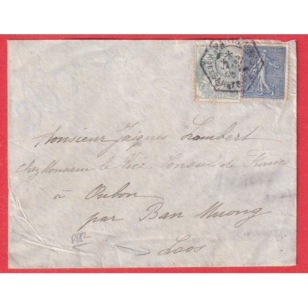 N°111 132 PARIS 15 R DES ST PERES 1905 LEVEE EXCEPTIONNELLE POUR OUBON PAR BAN MUONG LAOS VIA SAIGON COCHINCHINE