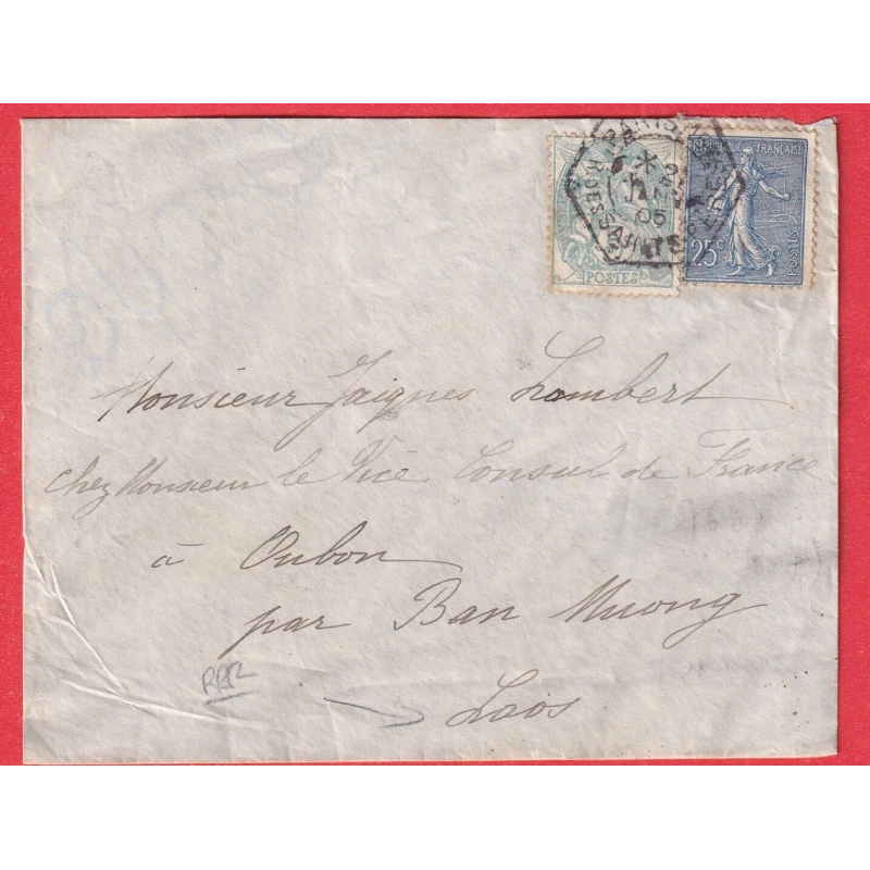 N°111 132 PARIS 15 R DES ST PERES 1905 LEVEE EXCEPTIONNELLE POUR OUBON PAR BAN MUONG LAOS VIA SAIGON COCHINCHINE