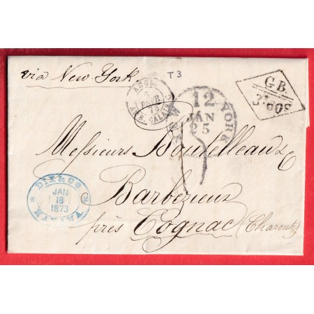 LETTRE LA HAVANE HABANA ILE DE CUBA 1873 VIA NEW YORK ETATS UNIS USA BARBEZIEUX COGNAC CHARENTE