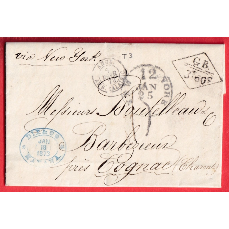 LETTRE LA HAVANE HABANA ILE DE CUBA 1873 VIA NEW YORK ETATS UNIS USA BARBEZIEUX COGNAC CHARENTE