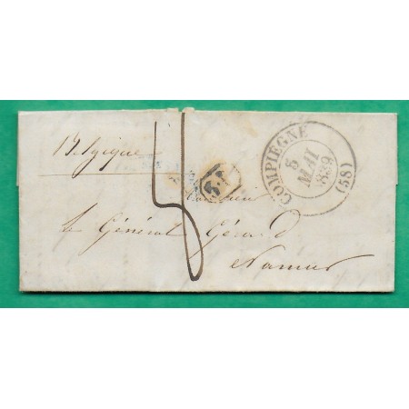 CAD TYPE 13 COMPIEGNE OISE POUR NAMUR BELGIQUE BELGIUM TAXE 8 1839 LETTRE COVER FRANCE