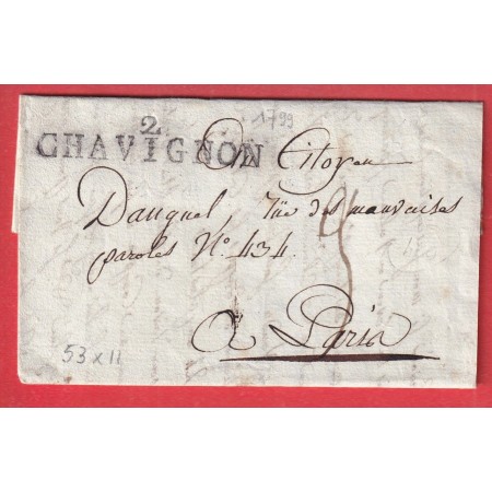 MARQUE 2 CHAVIGNON AISNE AN6 1799 53 X 11 INDICE 14 POUR PARIS