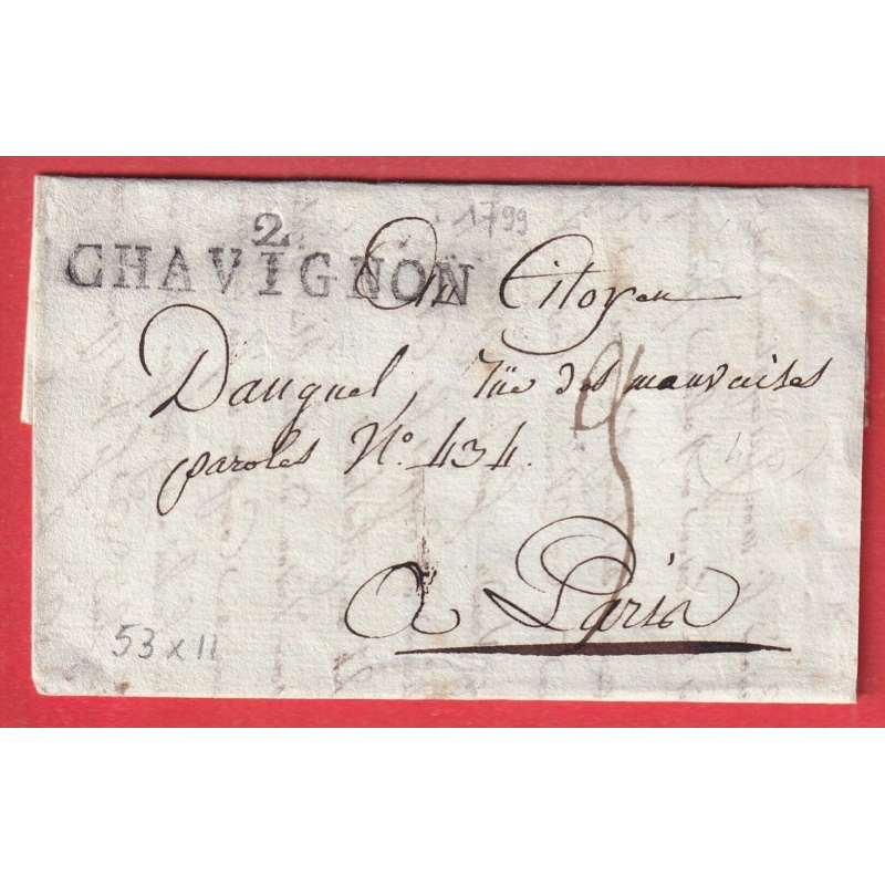MARQUE 2 CHAVIGNON AISNE AN6 1799 53 X 11 INDICE 14 POUR PARIS