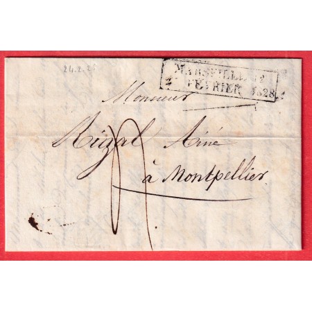 MARQUE ESSAI FEVRIER 1828 MARSEILLE BOUCHES DU RHONE POUR MONTPELLIER LE 24 FEVRIER DERNIER JOUR INDICE 18