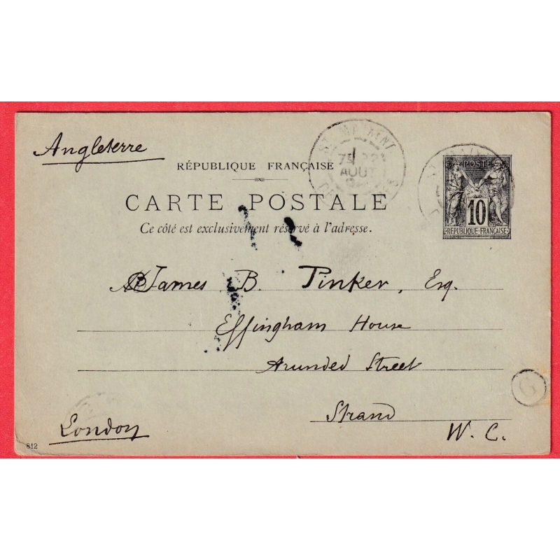 ENTIER SAGE ST MAIXENT DEUX SEVRES 1898 BOITE RURALE G DE SAIVRES POUR LONDRES LONDON ANGLETERRE