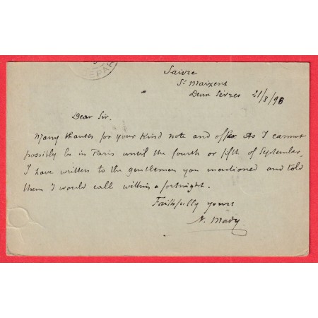 ENTIER SAGE ST MAIXENT DEUX SEVRES 1898 BOITE RURALE G DE SAIVRES POUR LONDRES LONDON ANGLETERRE