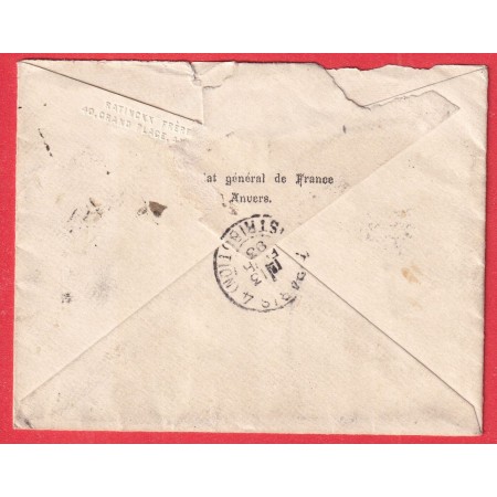 ANVERS BELGIQUE 1893 GRIFFE FAB . LOCALE TROUVEE A LA BOITE LILLE REEXPEDIEE ET TAXEE A PARIS