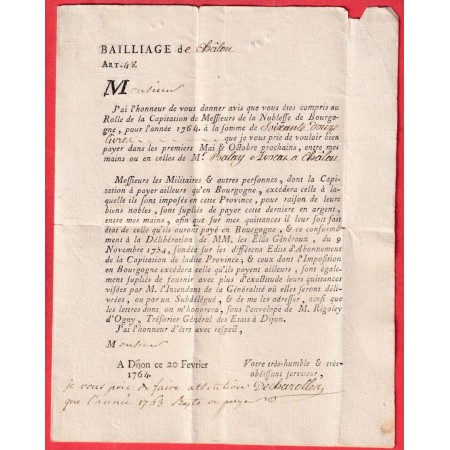 LETTRE EN FRANCHISE DIJON COTE D'OR 1764 MENTION FRANCO SUR TEXTE IMPRIME POUR CUISERY SAONE ET LOIRE