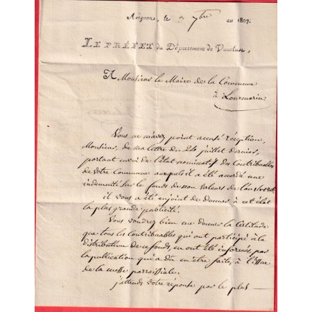 FRANCHISE PREFET DU VAUCLUSE AVIGNON 1807 POUR LOURMARIN