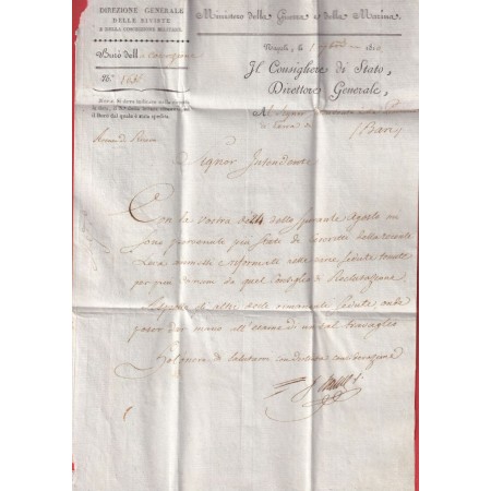 MARQUE NAPOLI NAPLES MINISTERO DELLA GUERRA E DELLA MARINA 1810 POUR BARI ITALIE ITALIA