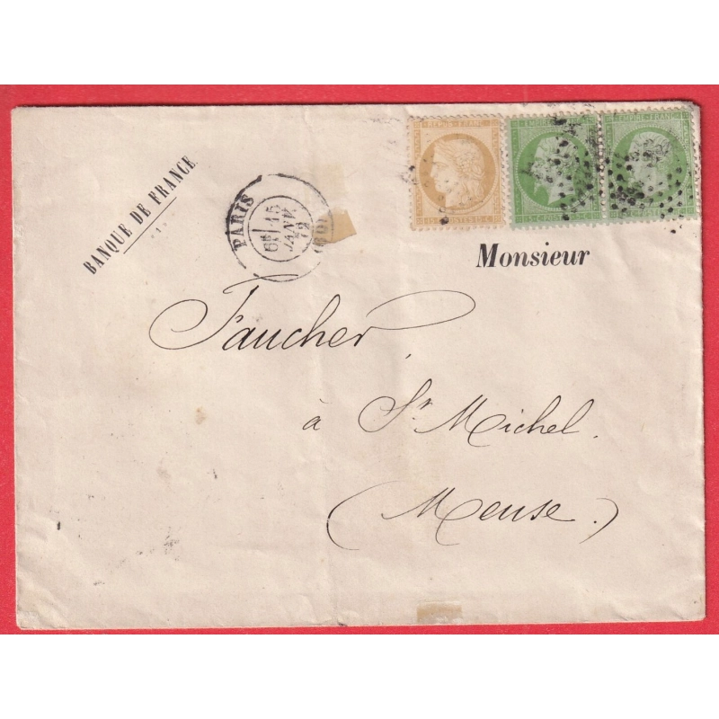N°59 20 PAIRE PARIS BUREAU CENTRAL ETOILE PLEINE POUR ST MIHIEL MEUSE 1872