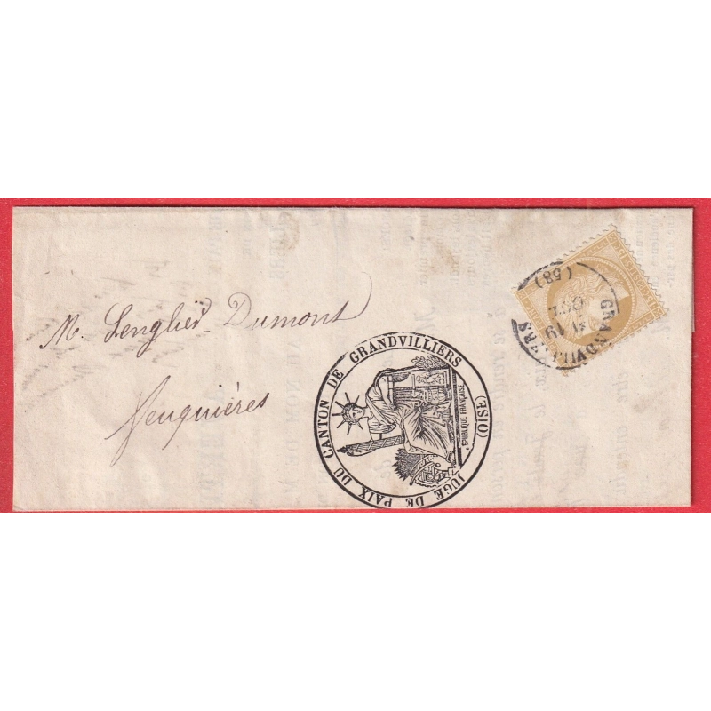 N°55 CAD TYPE 16 GRANDVILLIERS OISE POUR FEUQUIERES LE JUGE DE PAIX TIMBRE FISCAL DANS TEXTE