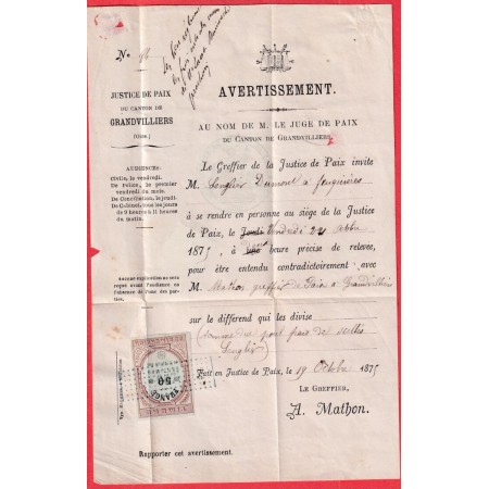N°55 CAD TYPE 16 GRANDVILLIERS OISE POUR FEUQUIERES LE JUGE DE PAIX TIMBRE FISCAL DANS TEXTE