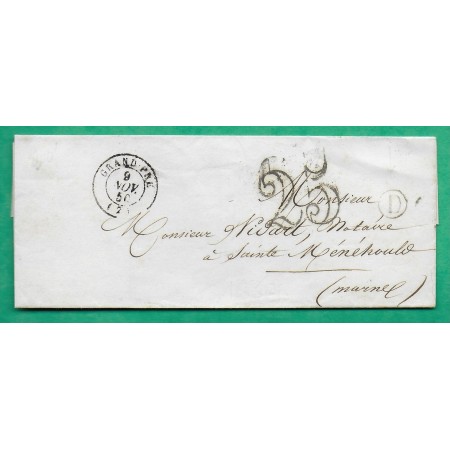 CAD TYPE 15 GRAND PRE ARDENNES BOITE RURALE D AUTRY POUR STE MENEHOULD MARNE TAXE 25 1850 LETTRE COVER FRANCE