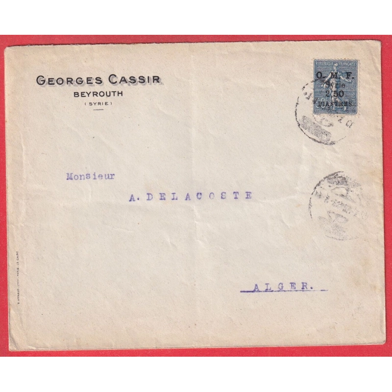 50C SEMEUSE SURCHARGE 2 PIASTRES 50 SYRIE BEYROUTH LIBAN LEBANON POUR ALGER ALGERIE