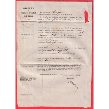 N°94 CAD DOLE DU JURA 1884 RECOMMANDE POUR MOISSEY