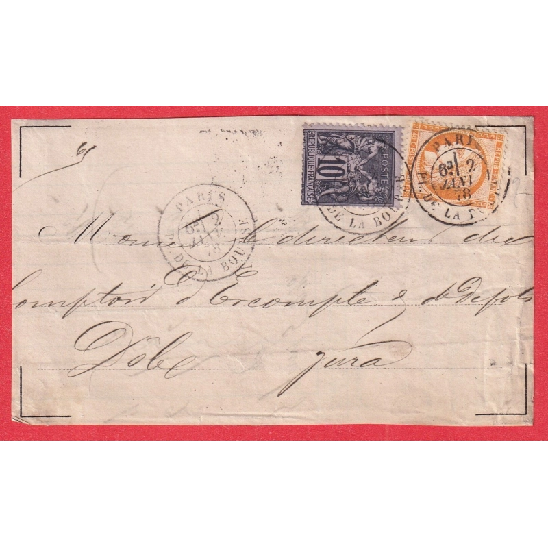 MIXTE SAGE CERES N°38 + 89 CAD PARIS PL DE LA BOURSE 1878 DOLE JURA DEVANT DE LETTRE