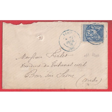 N°79 CAD BLEU PARIS BUREAU CENTRAL SANS LEVEE POUR BAR SUR SEINE AUBE 1878