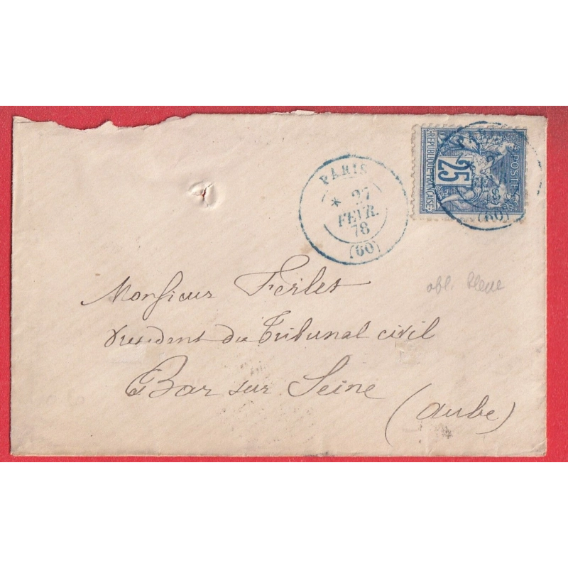 N°79 CAD BLEU PARIS BUREAU CENTRAL SANS LEVEE POUR BAR SUR SEINE AUBE 1878