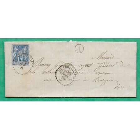 N°90 SAGE CAD TYPE 17 LA VERPILLIERE ISERE BOITE RURALE A VILLEFONTAINE POUR BOURGOIN JALLIEU 1884 LETTRE COVER FRANCE