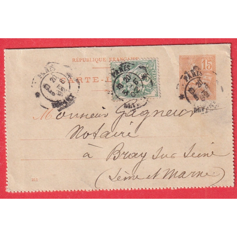 ENTIER MOUCHON 15C ORANGE N°111 PARIS DEPART LEVEE EXCEPTIONNELLE BRAY SUR SEINE ET MARNE