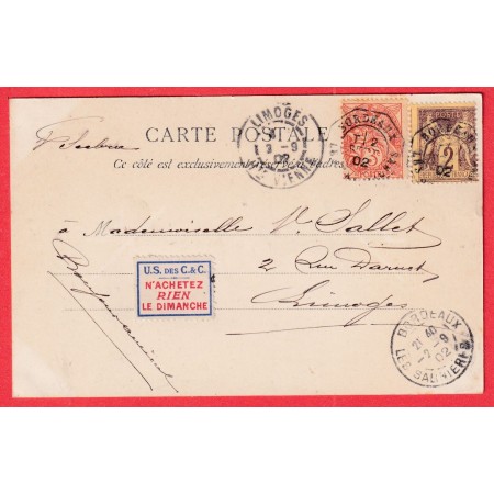 N°85 109 CACHET HEXAGONAL LEVEE T TELEGRAPHE ?? BORDEAUX LES SALINIERES 1902 POUR LIMOGES LEVEE EXCEPTIONNELLE ???