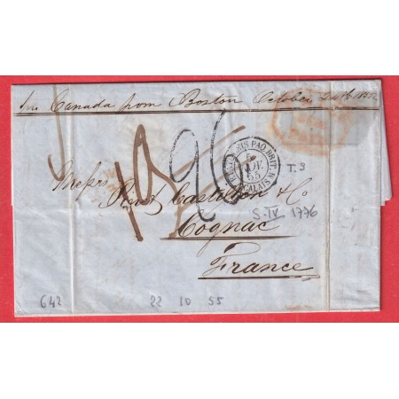 PHILADELPHIA USA 1855 ETAS UNIS TAXE 26 ANNULEE MENTION VIA CANADA FROM BOSTON COGNAC CHARENTE