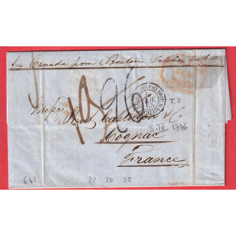 PHILADELPHIA USA 1855 ETAS UNIS TAXE 26 ANNULEE MENTION VIA CANADA FROM BOSTON COGNAC CHARENTE