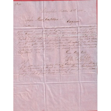 PHILADELPHIA USA 1855 ETAS UNIS TAXE 26 ANNULEE MENTION VIA CANADA FROM BOSTON COGNAC CHARENTE