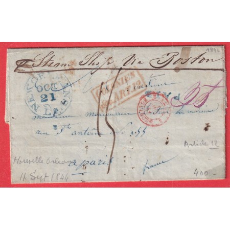 NEW ORLEANS USA ETATS UNIS 1844 STEAMER SHIP VIA BOSTON POUR PARIS