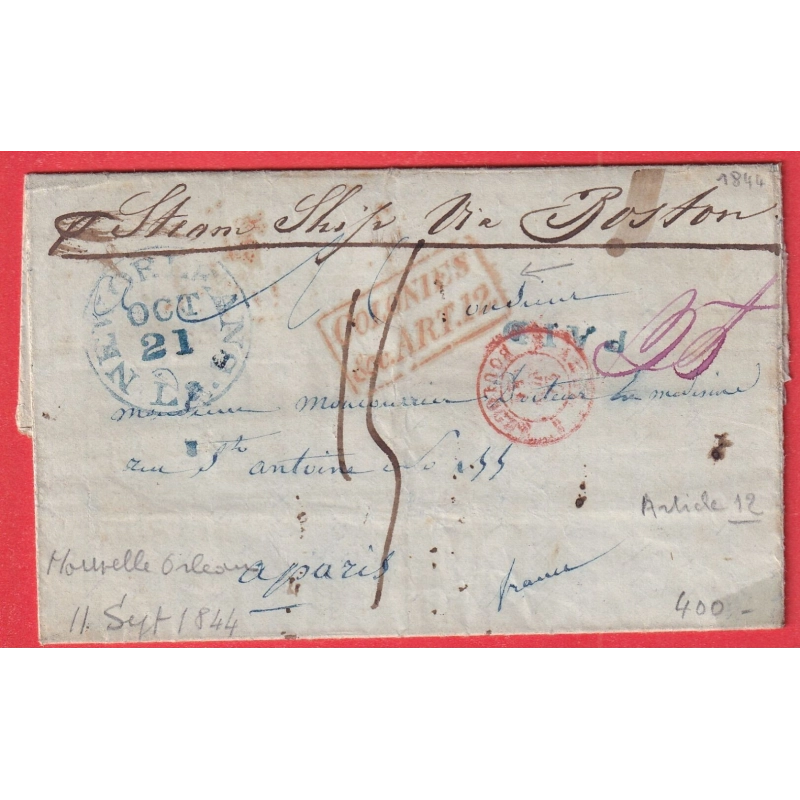 NEW ORLEANS USA ETATS UNIS 1844 STEAMER SHIP VIA BOSTON POUR PARIS