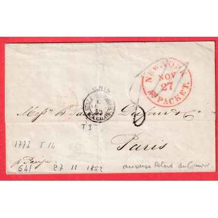 NEW YORK USA ETATS UNIS 1852 POUR PARIS AU DOS CAD RETARD DU CONVOI PARIS