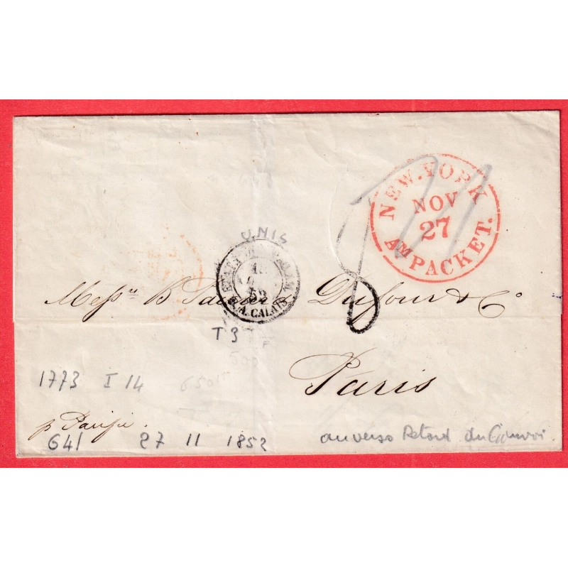NEW YORK USA ETATS UNIS 1852 POUR PARIS AU DOS CAD RETARD DU CONVOI PARIS