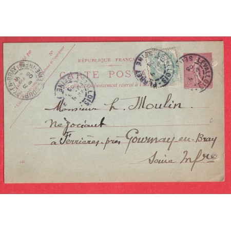 ENTIER SEMEUSE + N°111 LEVEE EXCEPTIONNELLE LEVALLOIS PERRET 1905 POUR GOURNAY EN BRAY SEINE INFERIEURE