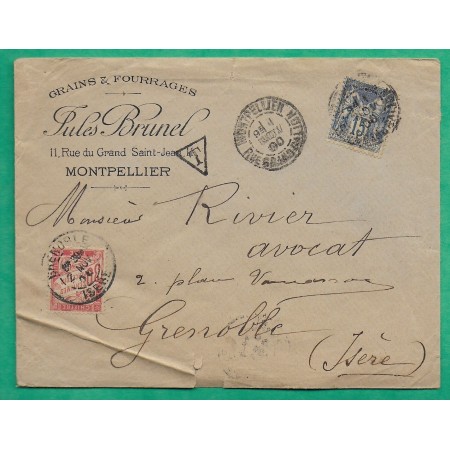 N°90 SAGE ENVELOPPE PUB GRAINS ET FOURRAGES JULES BRUNEL MONTPELLIER POUR GRENOBLE ISERE + TAXE DUVAL 30C ROUGE 1900