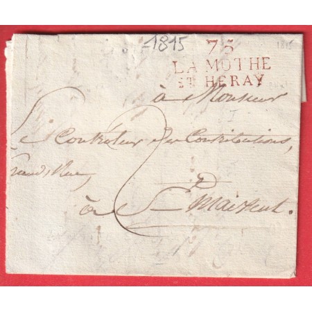 MARQUE 75 LA MOTHE ST HERAY EN ROUGE 1815 DEUX SEVRES INDICE 10 ST MAIXENT