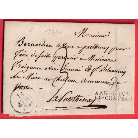 MARQUE 75 ARGENTON LE CHATEAU DEUX SEVRES 1830 POUR PARTENAY INDICE 13