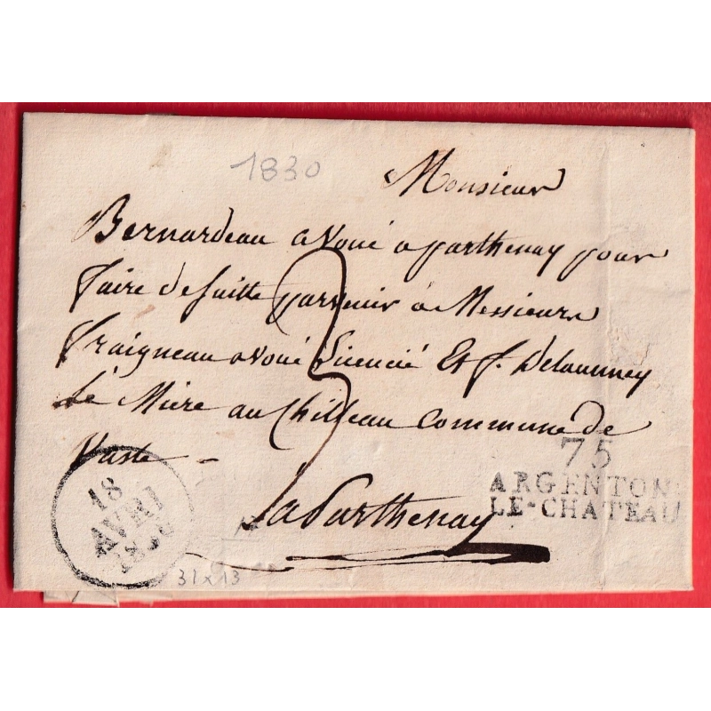 MARQUE 75 ARGENTON LE CHATEAU DEUX SEVRES 1830 POUR PARTENAY INDICE 13